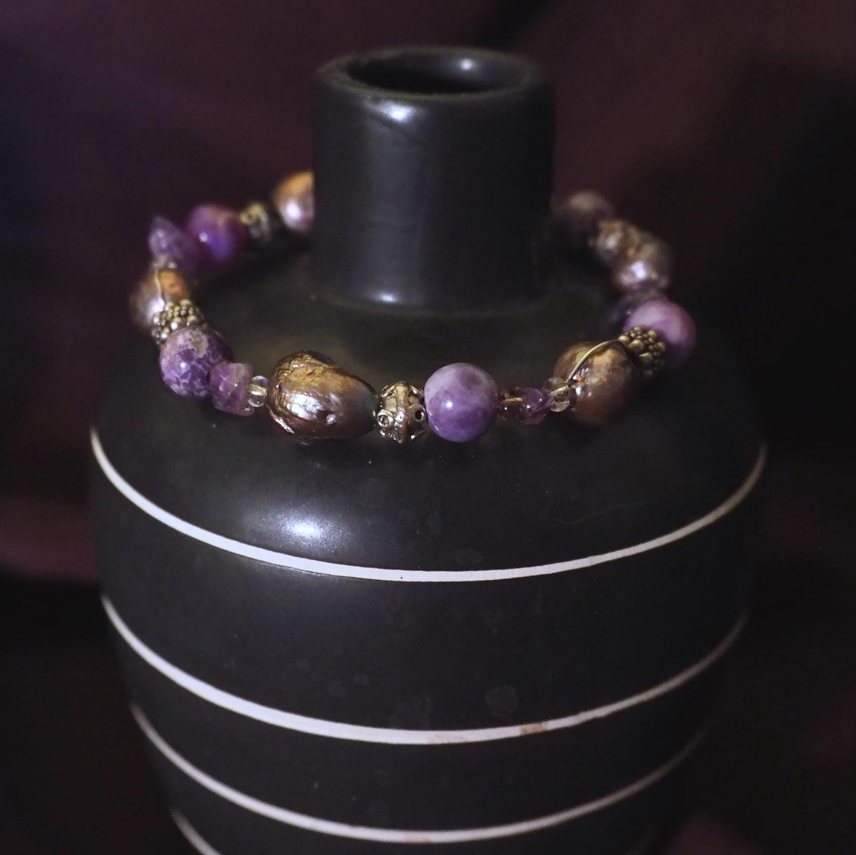 Boho Purple Pearl Amethyst Agate Wire Bracelet, Wisdom Balance Psychic Awareness