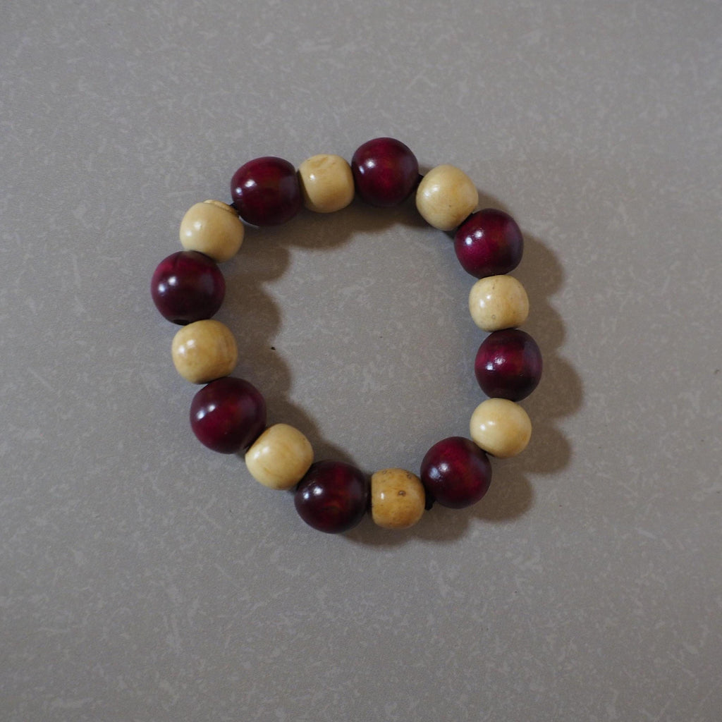 Red and beige wooden bead bracelet for everyday wear