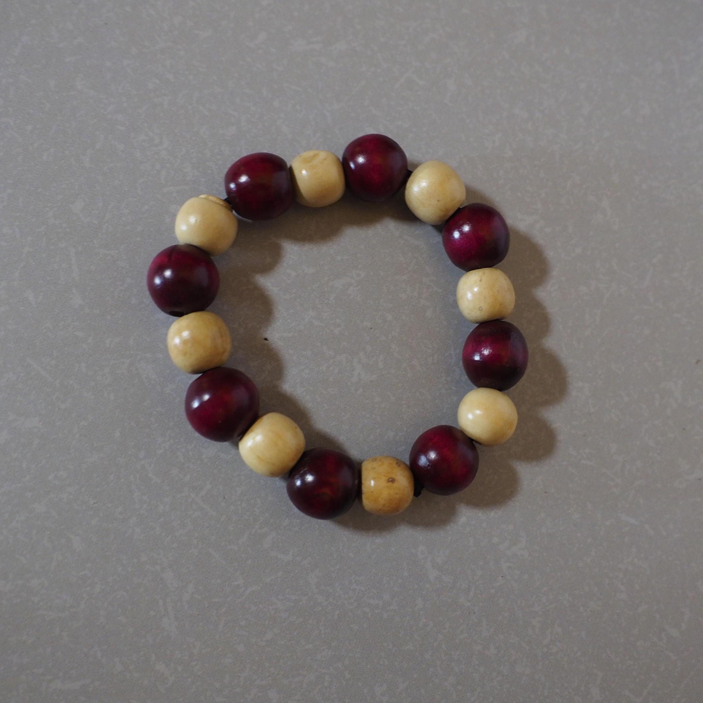 Red and beige wooden bead bracelet for everyday wear