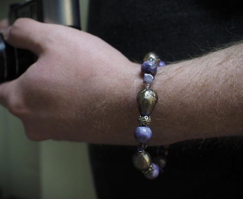 Boho Purple Pearl Amethyst Agate Wire Bracelet, Wisdom Balance Psychic Awareness